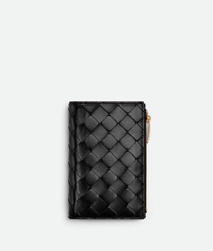 黑色中号Intrecciato编织双折拉链钱包