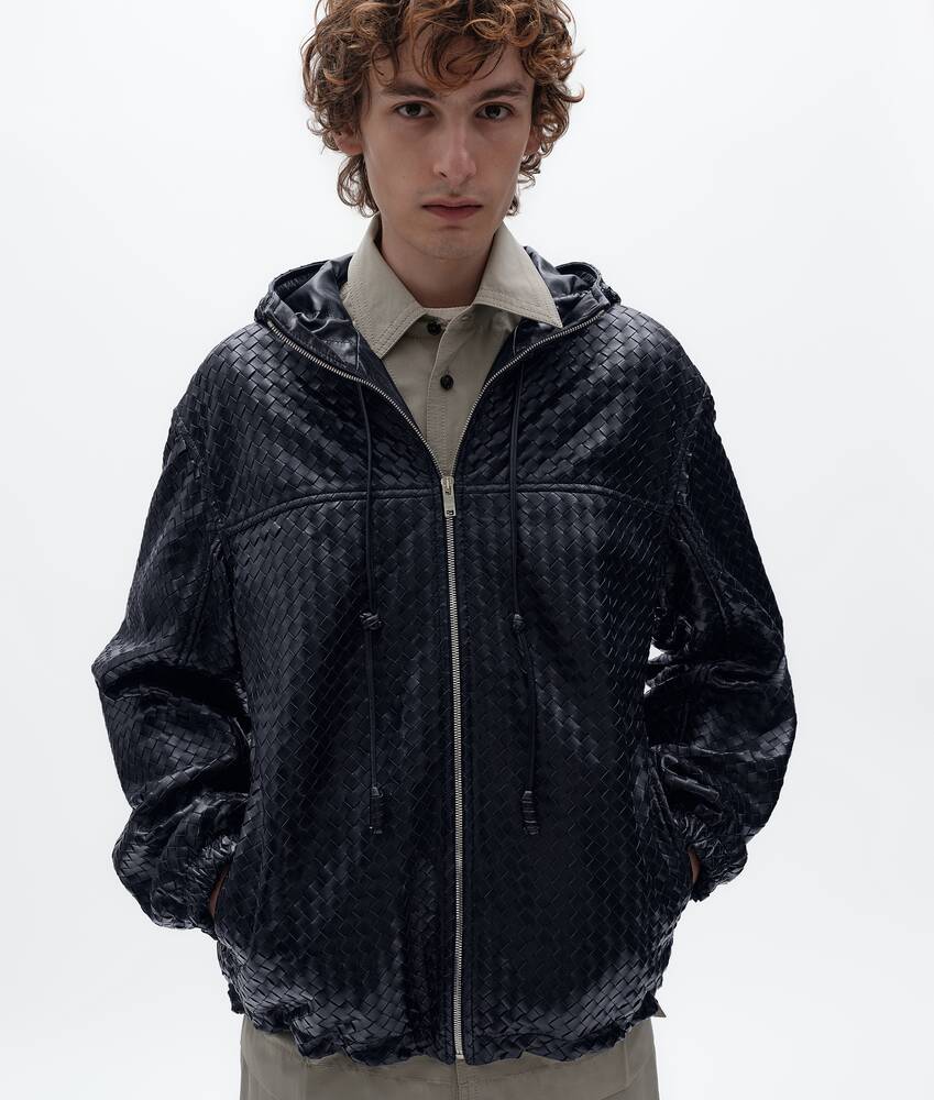 BOTTEGA VENETA Intrecciato编织皮革连帽束腰夹克