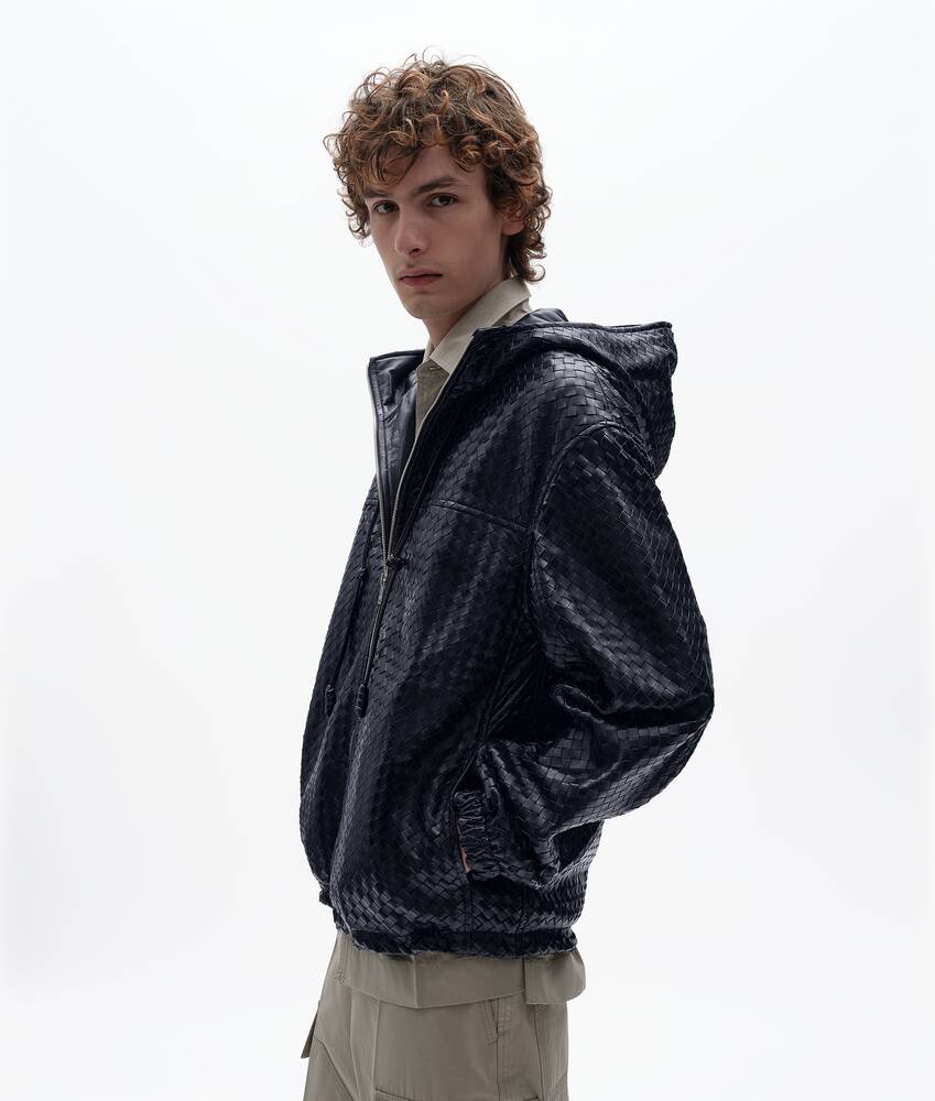 BOTTEGA VENETA Intrecciato编织皮革连帽束腰夹克