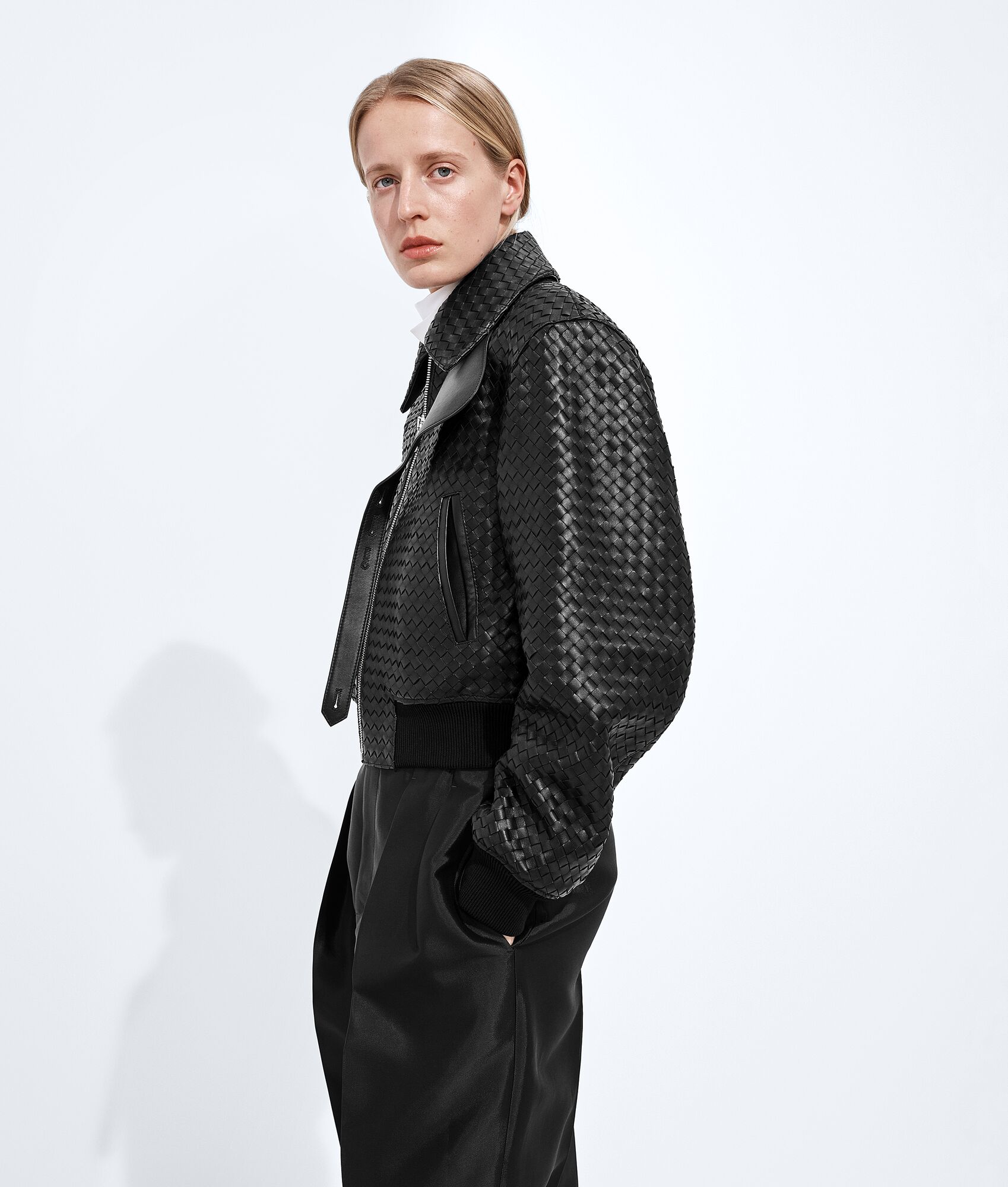 BOTTEGA VENETA Intrecciato编织皮革束腰夹克